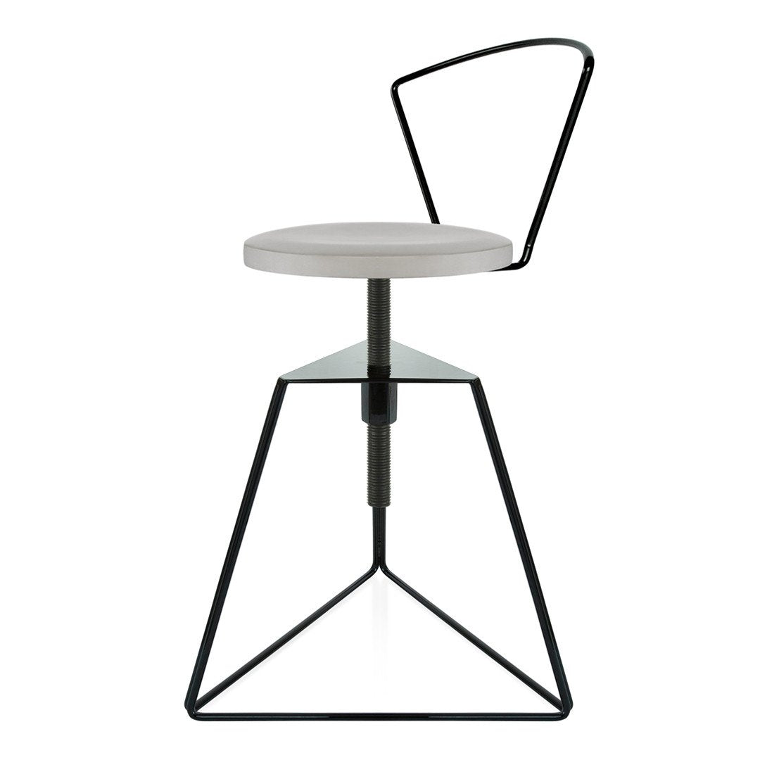 Modern bar stool featuring a sleek black frame with a round white seat and geometric patterned base.