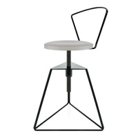 Modern bar stool featuring a sleek black frame with a round white seat and geometric patterned base.