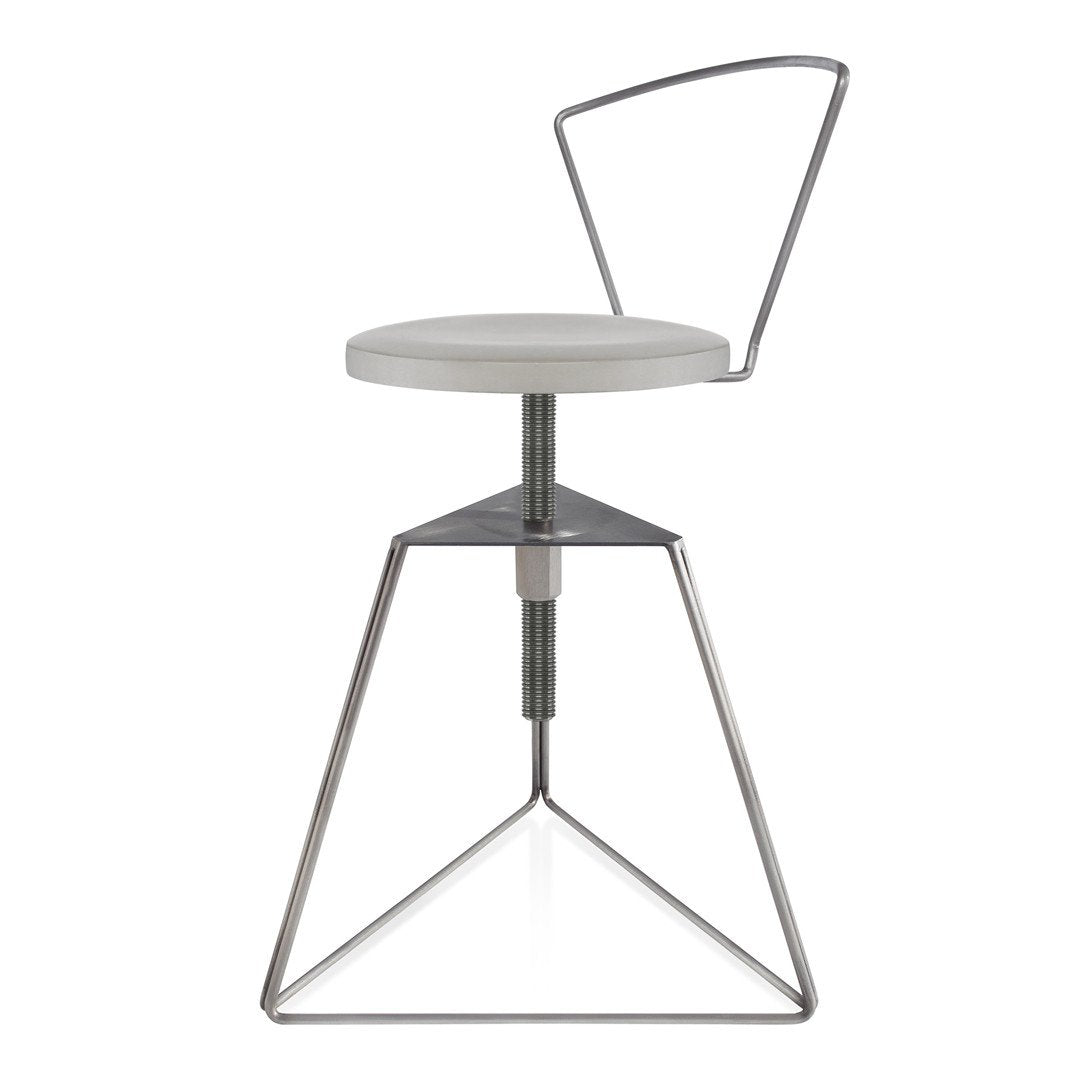 Modern white adjustable stool with a sleek metal frame and minimalistic geometric design.
