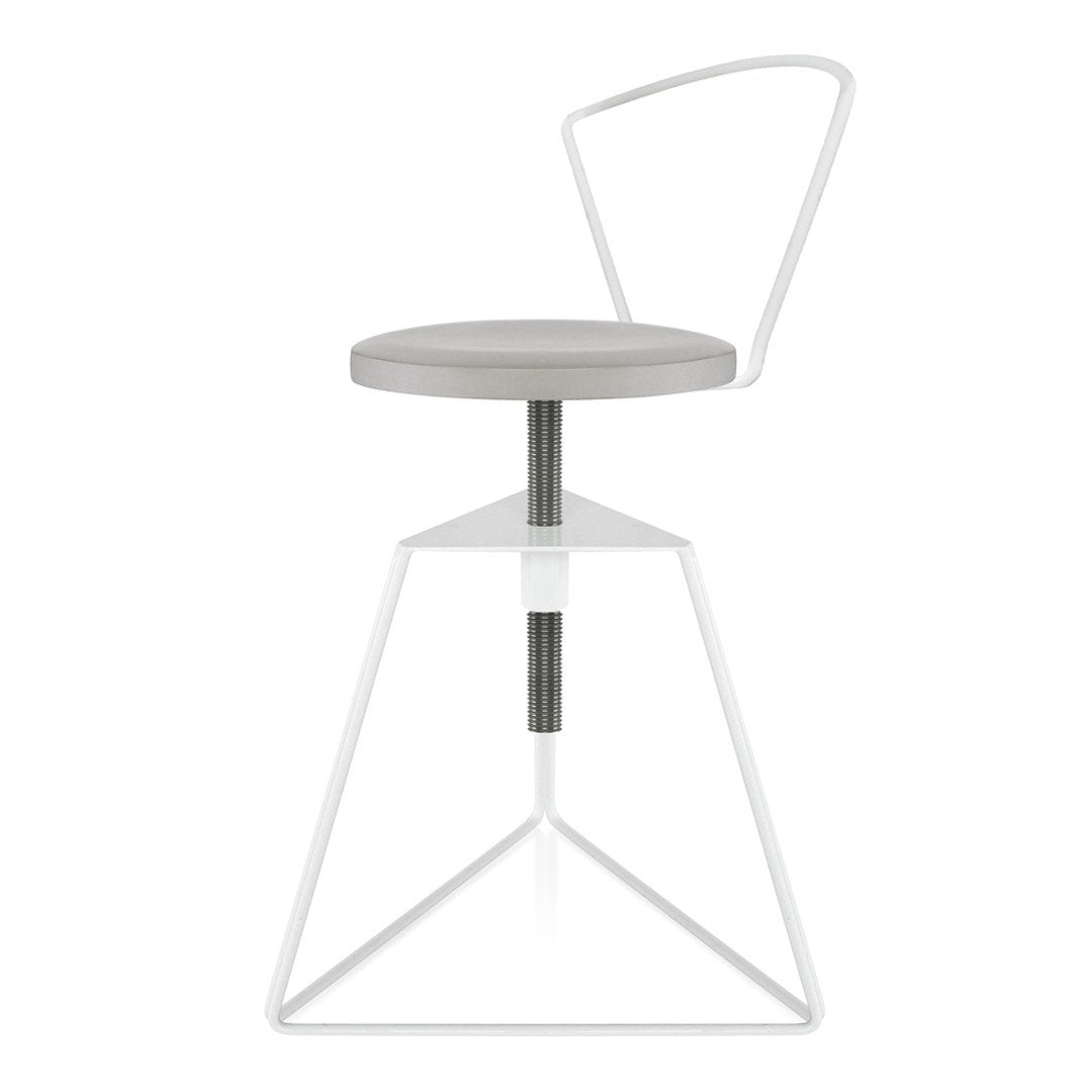 Contemporary gray stool with a sleek white geometric base and minimalist design. Ideal for modern interiors.