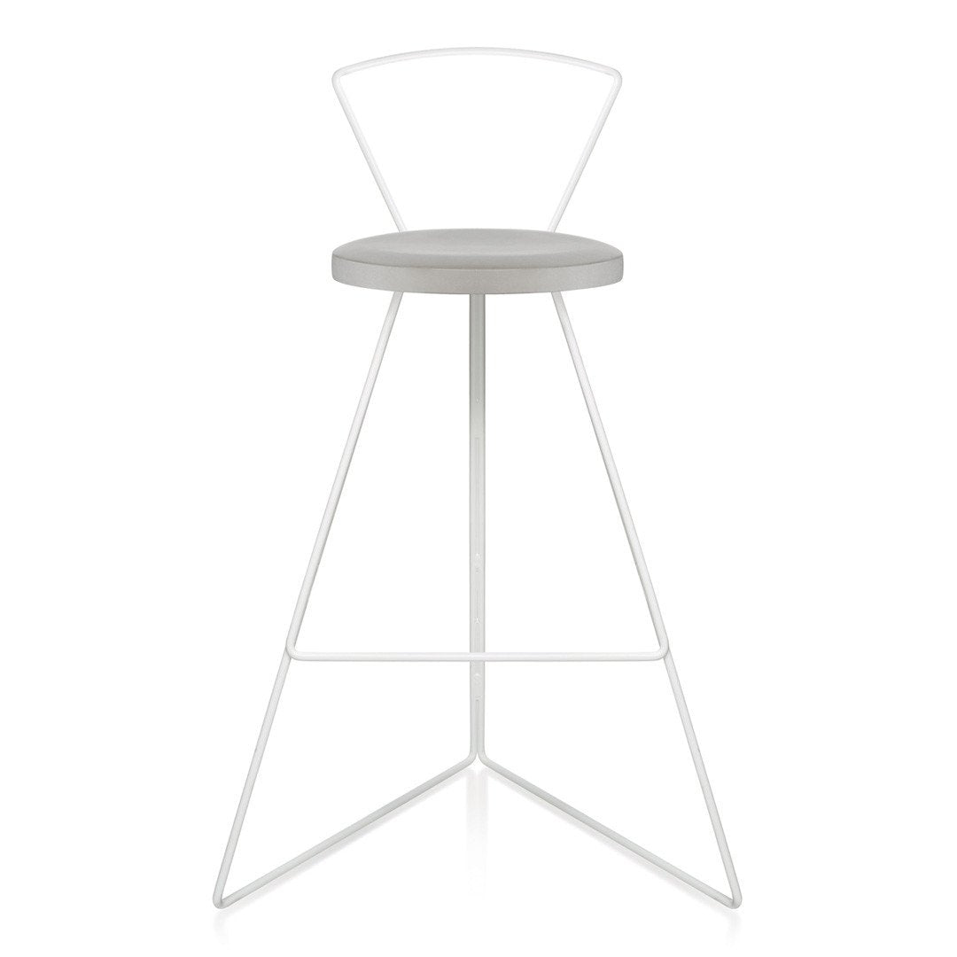 Stylish modern bar stool with a gray seat and sleek white metal frame. Ideal for contemporary interiors.