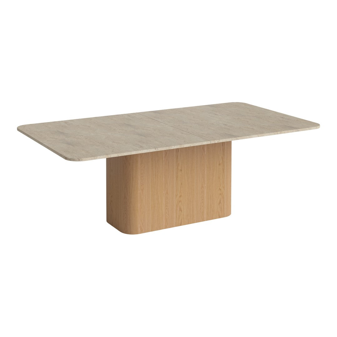 Modern rectangular dining table with a light beige marble top and a warm wood base, featuring smooth, clean lines.