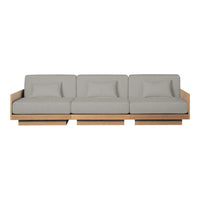 Modern three-seater sofa with soft gray cushions and natural wood frame, showcasing clean lines and minimalistic design.