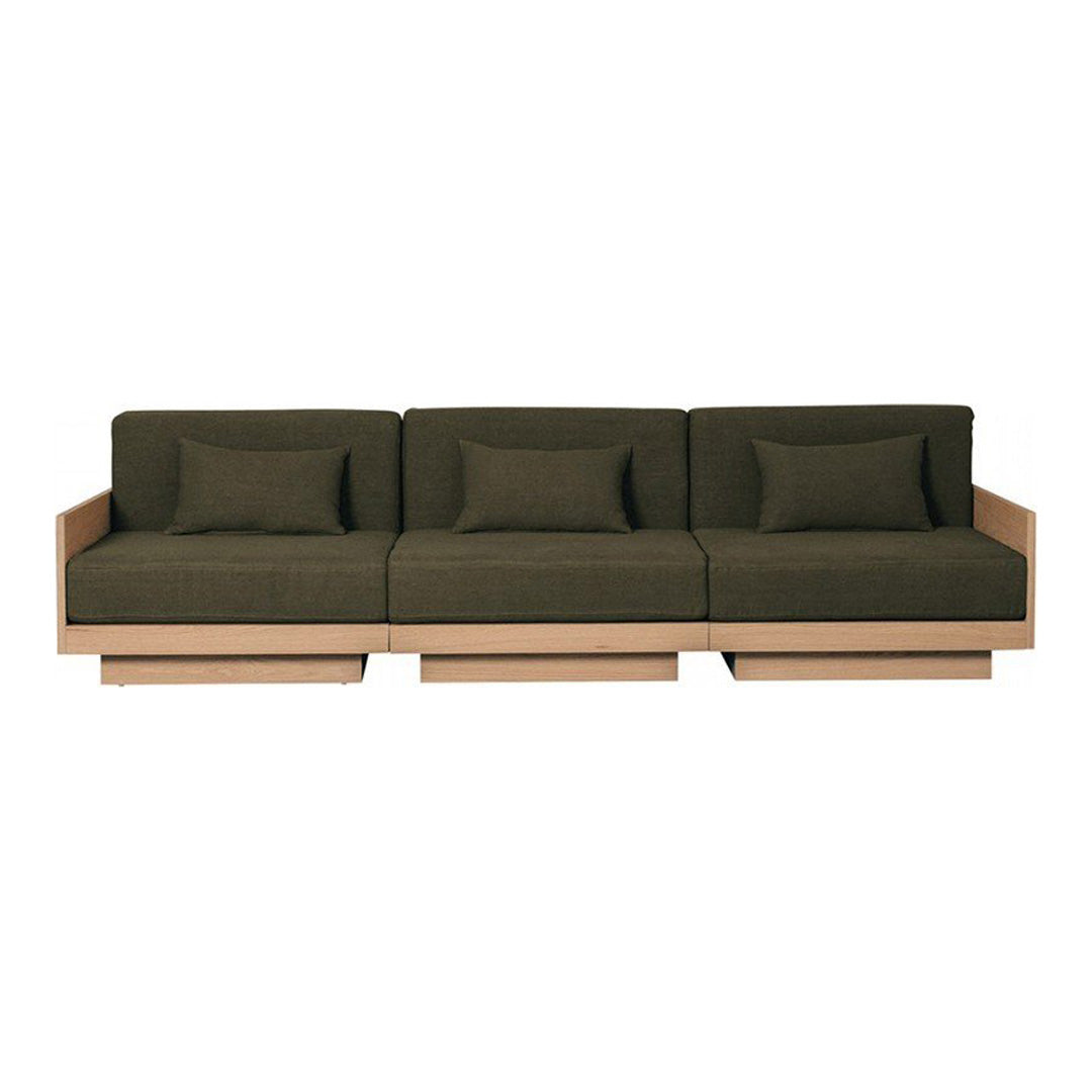 Modern three-seat sofa in deep olive green fabric with clean lines and a light wood base. Perfect for contemporary decor. 