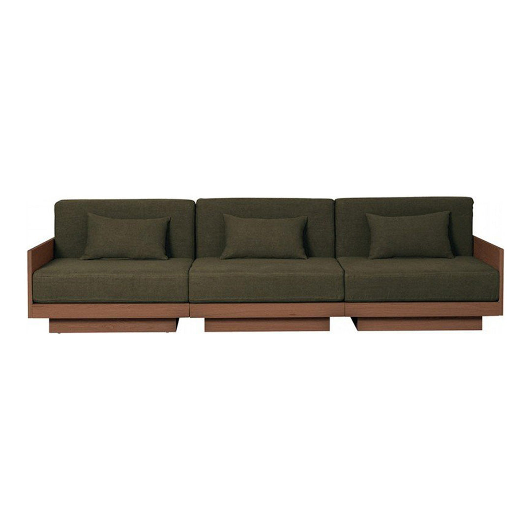 Stylish three-seater sofa in deep olive green fabric with matching cushions and a sleek wooden base.