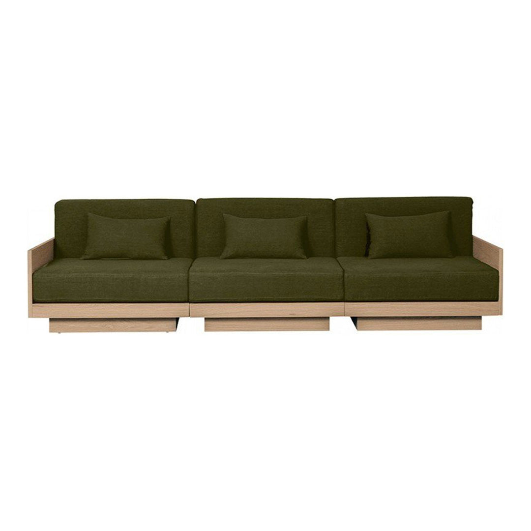 Olive green fabric sofa with minimalist wood frame and clean lines, featuring removable back cushions.