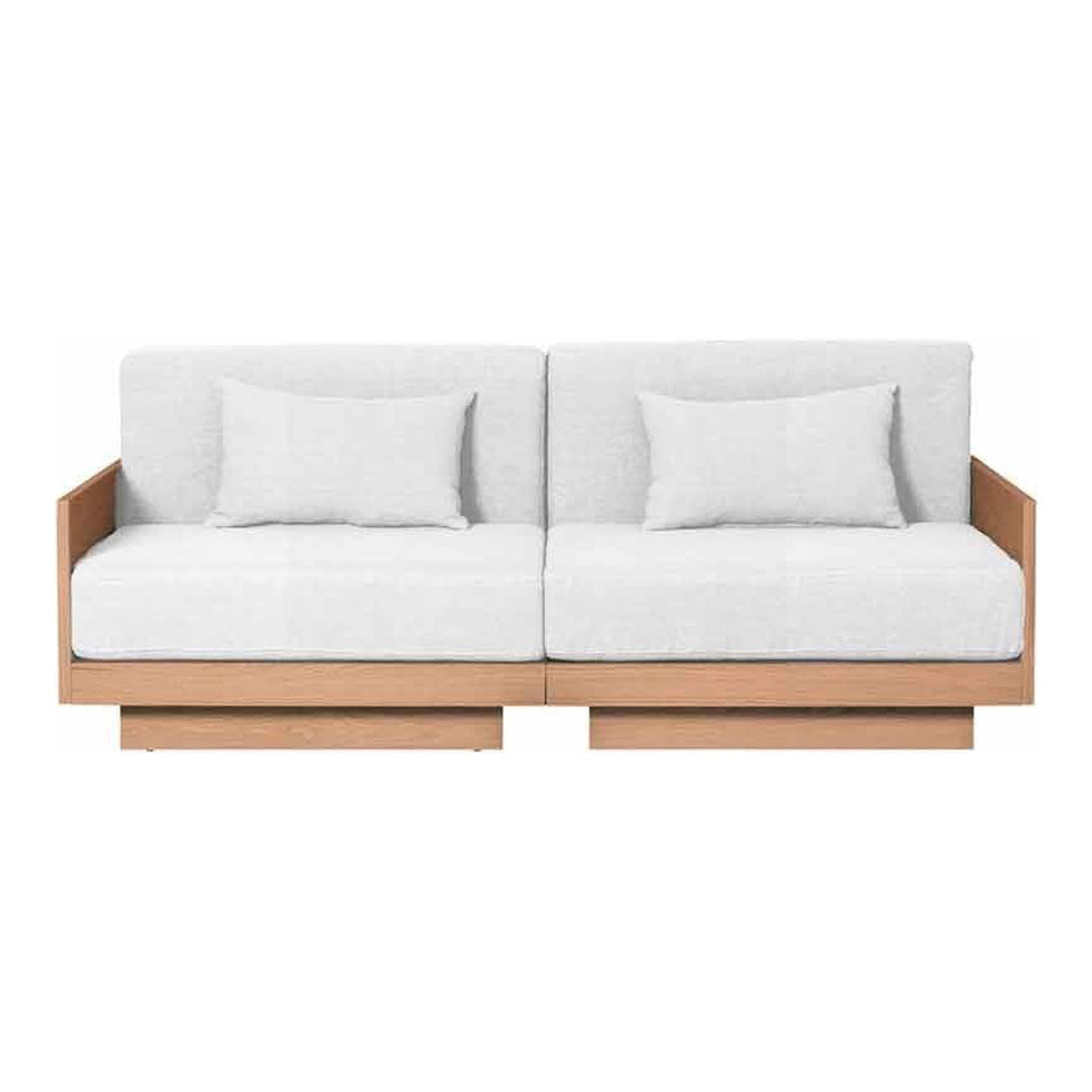 Modern two-tone sofa with a light gray fabric and natural wood accents. Ideal for minimalist decor.