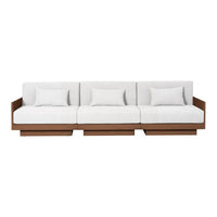 Modern sofa in light gray upholstery with neutral cream cushions and a rich brown wooden base, clean and minimalist design.