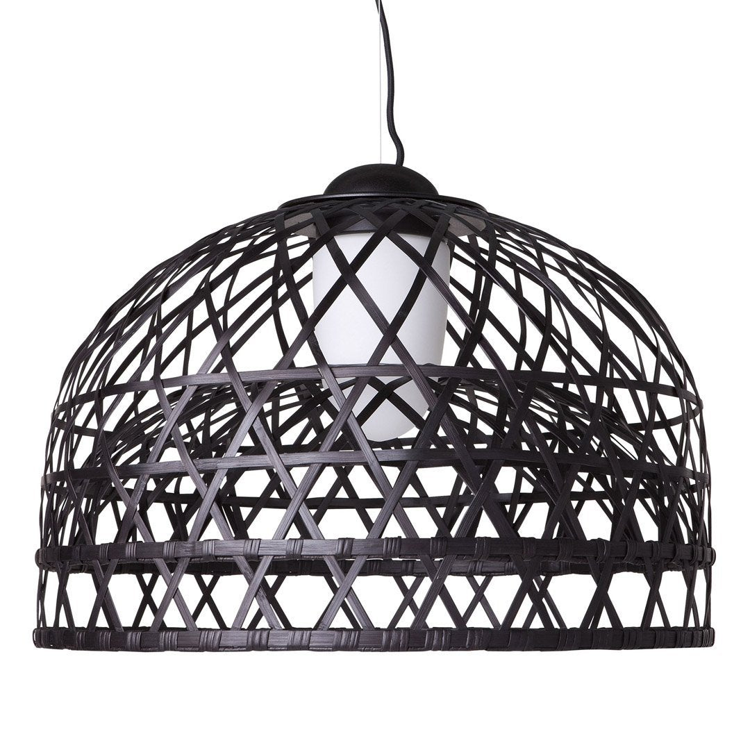 Black woven pendant lamp with an intricate geometric pattern and a white bulb, adding a modern touch to decor.