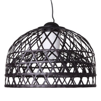 Black woven pendant lamp with an intricate geometric pattern and a white bulb, adding a modern touch to decor.