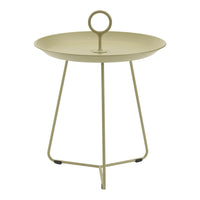 Light green round metal side table with a minimalist design and three slender legs. Ideal for contemporary decor.