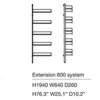 "Vertical shelving unit with a minimalist design featuring sleek lines and alternating horizontal shelves."