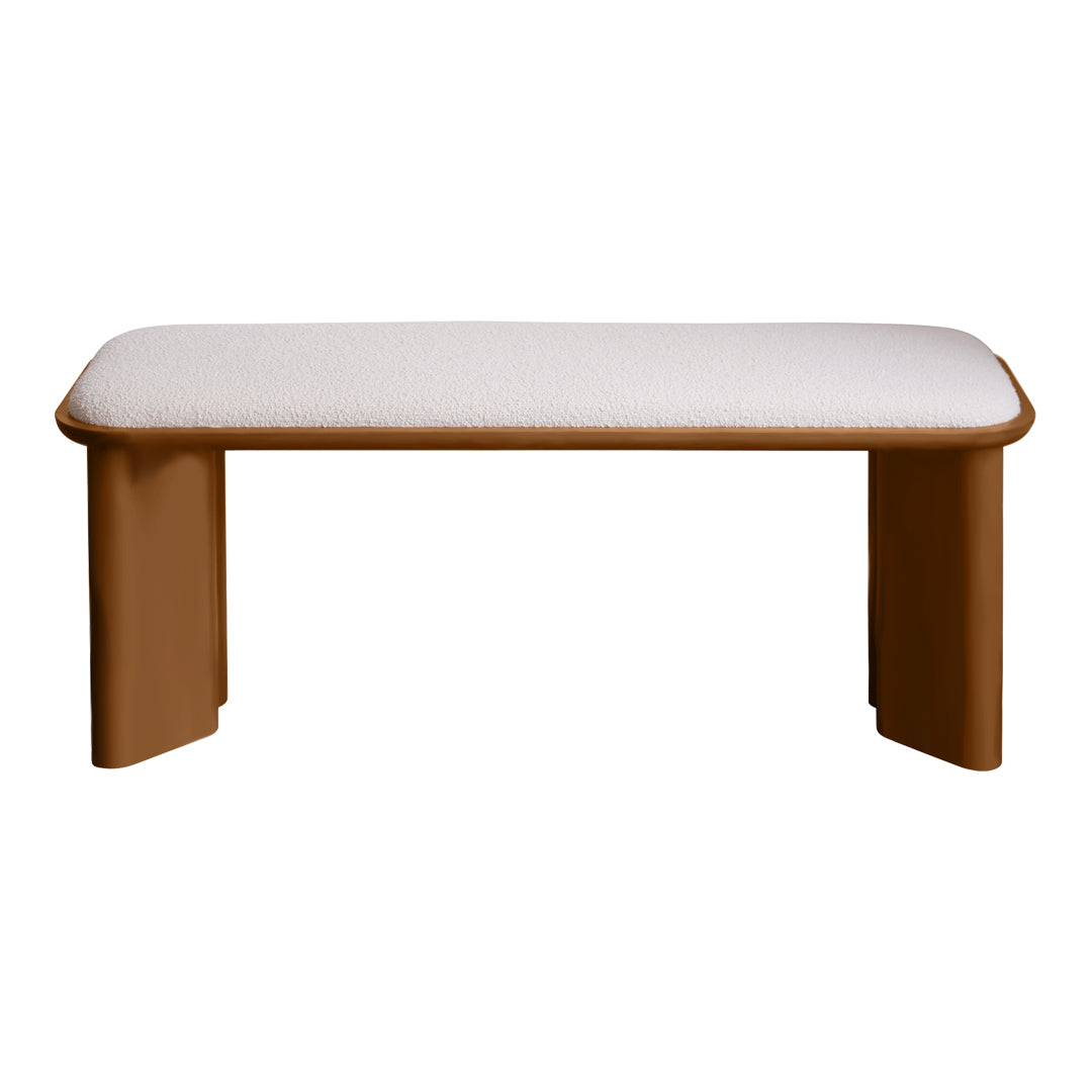 Brown upholstered bench with a smooth white cushion top and rounded edges, perfect for modern decor.