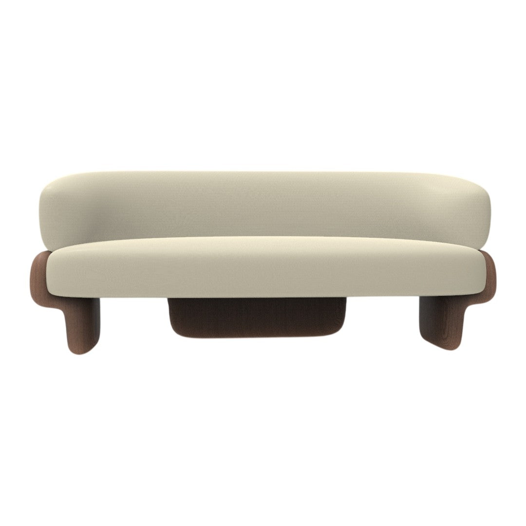 Beige and brown modern curved sofa with a minimalist design, featuring smooth lines and soft, neutral tones.