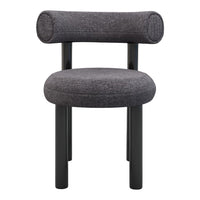 Gray upholstered chair with cylindrical backrest and black wooden legs, featuring a smooth, minimalist design.