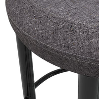 Gray textured fabric upholstery with subtle flecks, paired with sleek black metal legs.