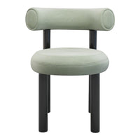 Light green upholstered chair with smooth lines and black legs, featuring a simple and modern design.
