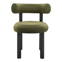 Olive green upholstered chair with a cylindrical backrest and sleek black legs, showcasing a modern minimalist design.