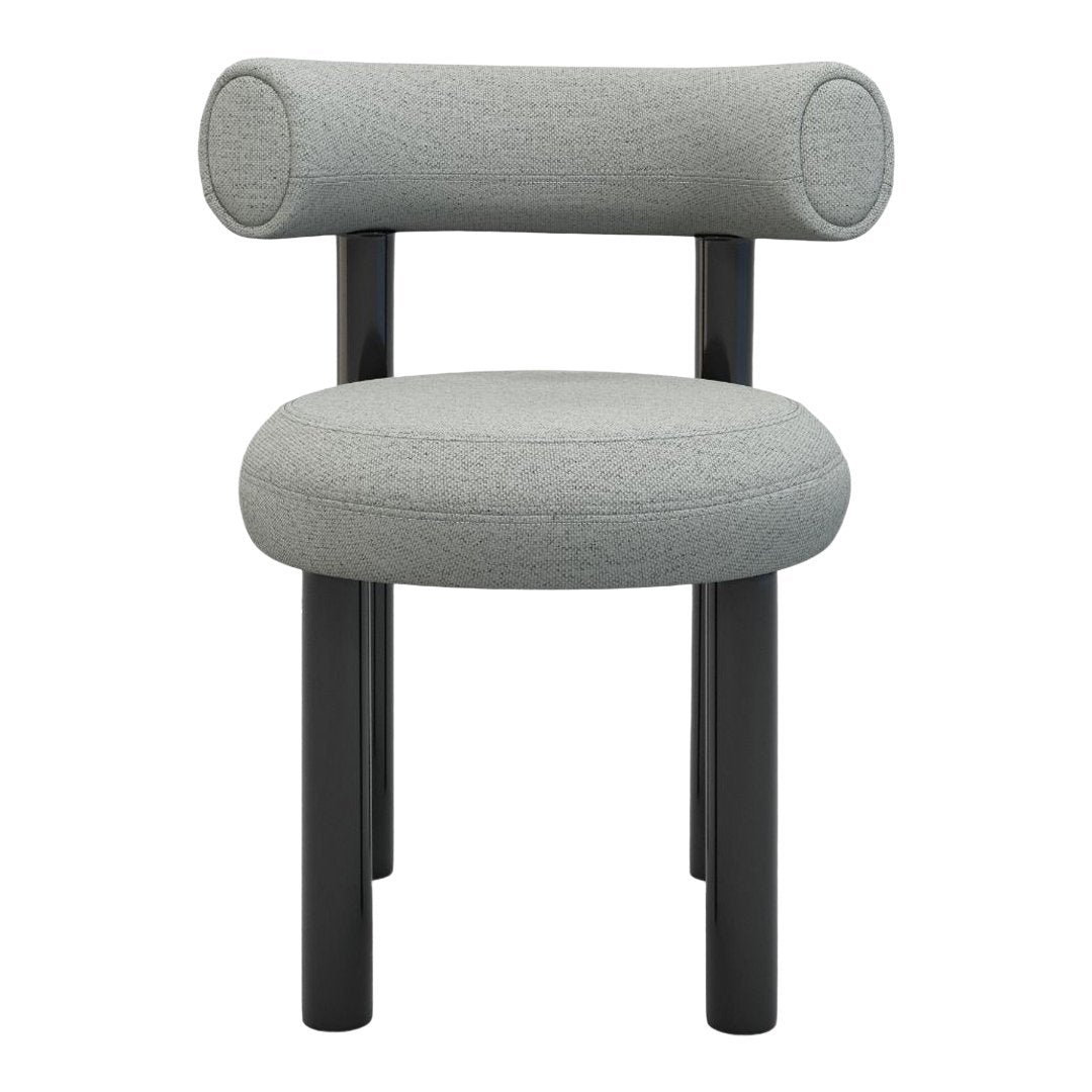 Gray upholstered chair with a minimalist design and contrasting black legs. Smooth texture and rounded shapes.