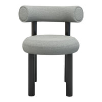 Gray upholstered chair with a minimalist design and contrasting black legs. Smooth texture and rounded shapes.
