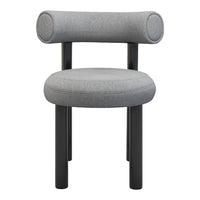 Gray upholstered chair with a smooth texture and cylindrical armrest design, complemented by black legs.