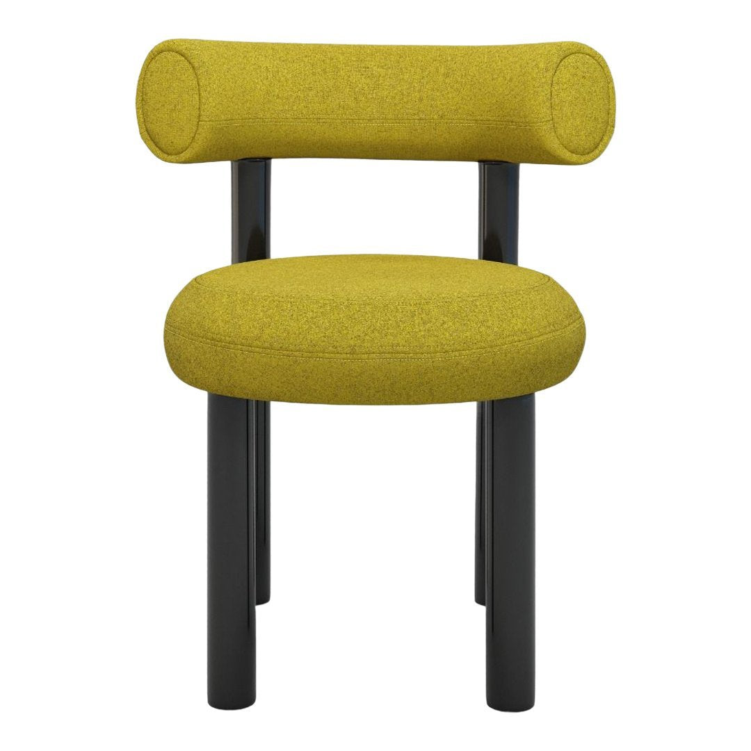 Bright yellow upholstery chair with a textured finish and sleek black legs, perfect for modern decor.