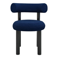 "Deep navy blue upholstered chair with sleek black legs and rounded backrest, minimalistic design."