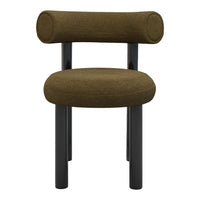 Olive green upholstered chair with a unique round backrest and black legs, featuring a minimalist design.