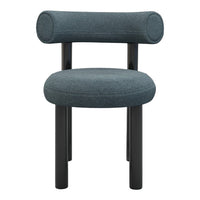 Round-back chair in a deep teal fabric with black wooden legs, offering a minimalist and modern design.