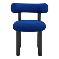 Vibrant blue upholstered chair with black legs and rounded armrests, featuring a smooth, modern design.