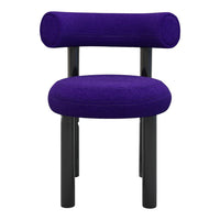 Vibrant purple upholstered chair with a minimalist design and sleek black legs. Perfect for modern decor.