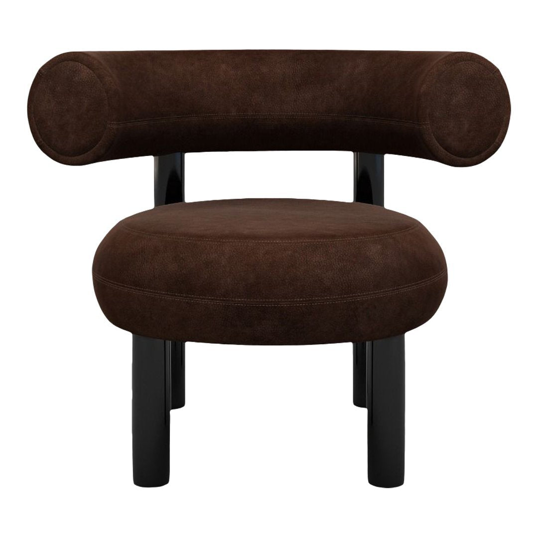 Brown suede circular chair with black legs and rounded armrests, featuring a smooth, modern design.
