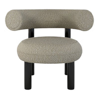 Beige boucle accent chair with rounded arms and black wooden legs, offering a modern, textured design.