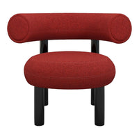 Red upholstered chair with a rounded backrest and seat, featuring black wooden legs. Modern minimalist design.