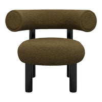 Round olive green chair with black legs, featuring a smooth, textured fabric. Perfect for modern interiors.