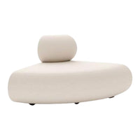 Beige curved lounge chair with smooth, minimalist design and round back cushion. Perfect for modern interiors.