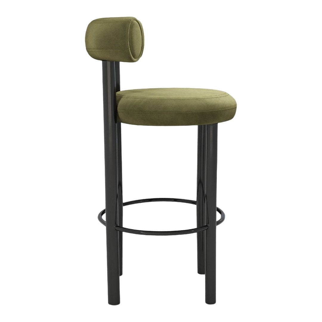 Olive green upholstered bar stool with sleek black metal legs and a round backrest for a modern look.