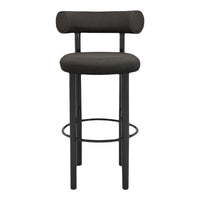 Stylish black bar stool with smooth upholstery and a minimalist design, featuring a solid black frame and round accents.