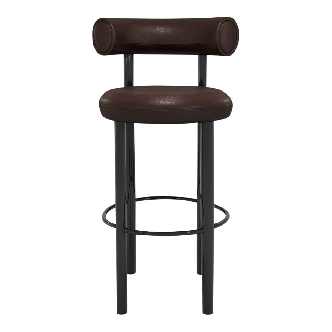 Brown faux leather bar stool with black metal legs and a minimalist design. Perfect for modern interiors.