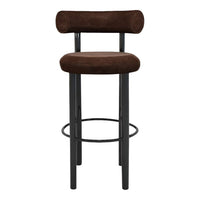 Brown suede bar stool with a sleek black metal frame and minimalist design. Perfect for modern spaces.