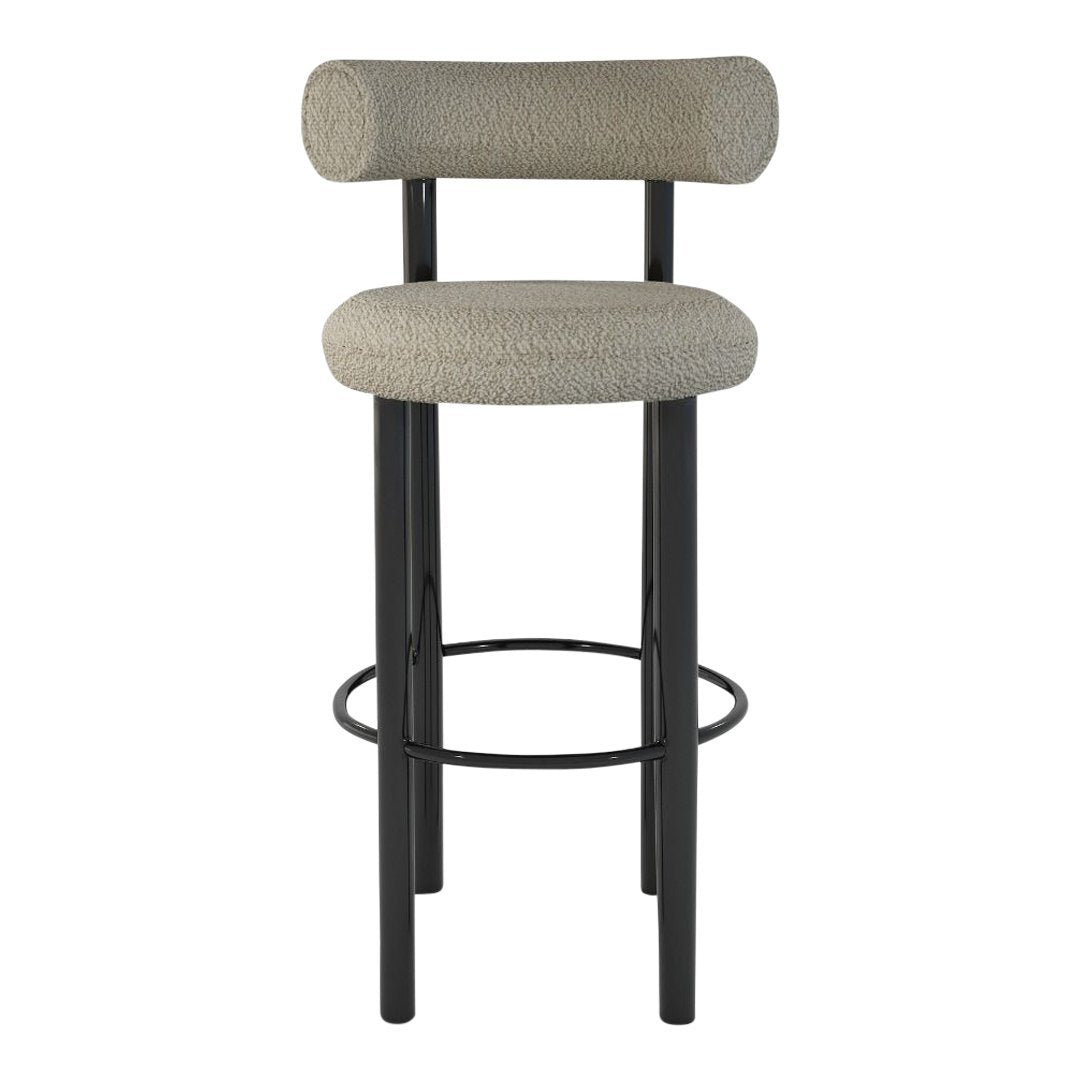 Beige textured fabric bar stool with a black metal frame, featuring a minimalist design and rounded backrest.
