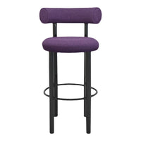 Purple upholstered bar stool with a sleek black metal frame and minimalist design, featuring smooth, solid colors.