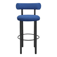 Blue upholstered bar stool with a modern black metal frame, featuring a sleek, minimalist design.