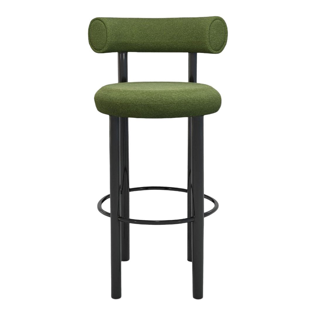 Green upholstered bar stool with a round seat and black metal frame. Modern, minimalist design.