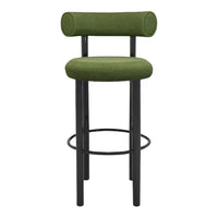 Green upholstered bar stool with a round seat and black metal frame. Modern, minimalist design.