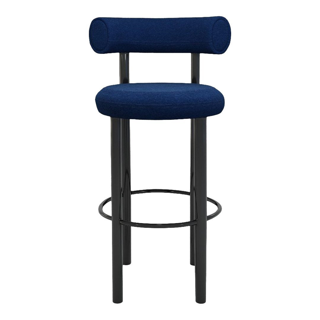 Navy blue upholstered bar stool with sleek black metal legs and minimalist design. Perfect for modern spaces.