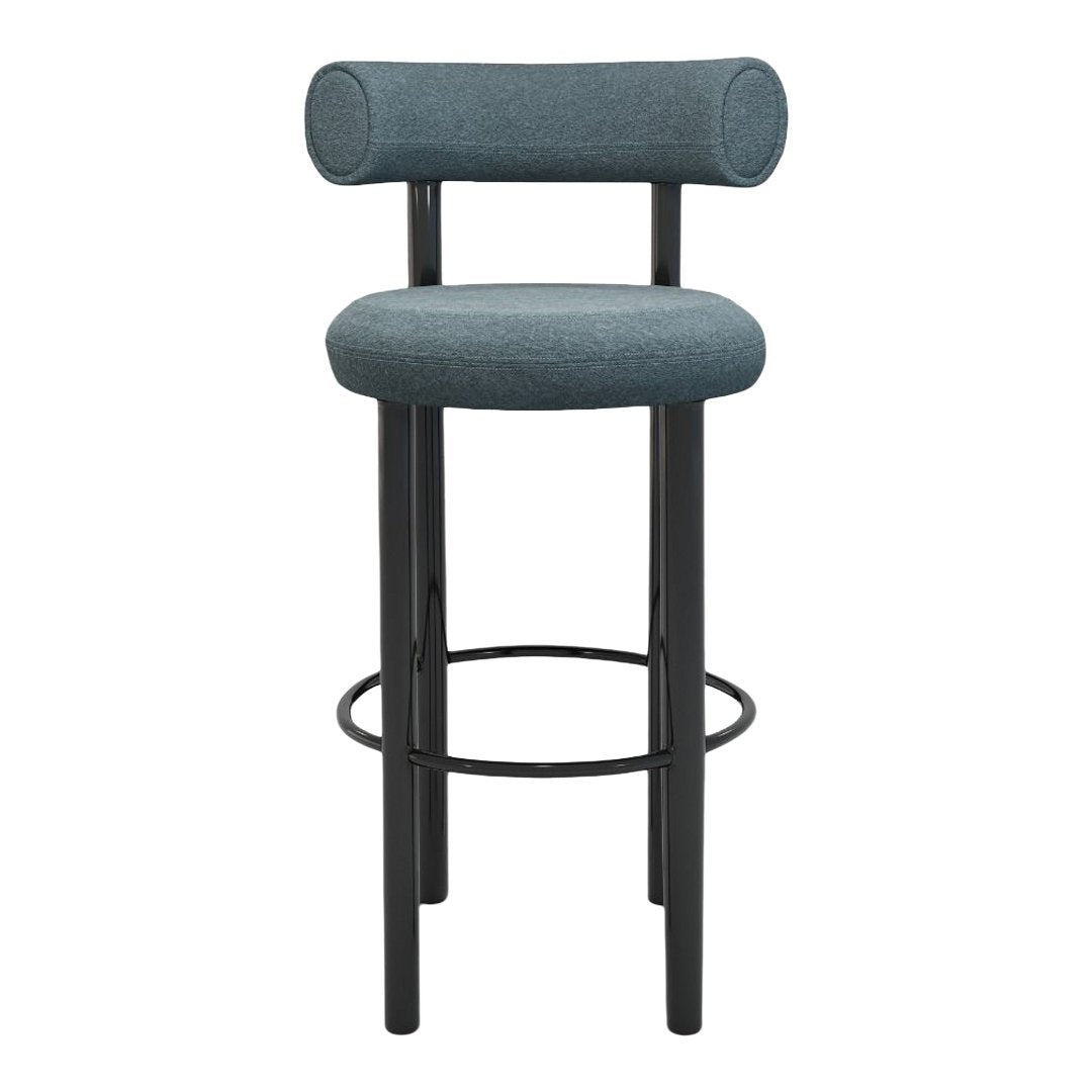 Modern bar stool featuring a textured teal fabric seat and backrest, complemented by a sleek black metal frame.