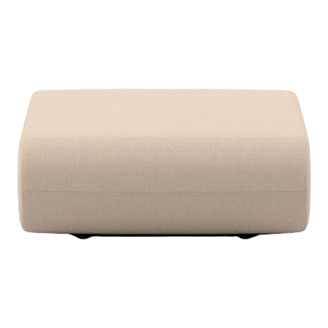 Beige upholstered ottoman with a smooth, solid pattern and rounded edges, perfect for contemporary decor.