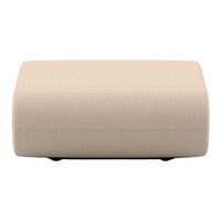 Beige upholstered ottoman with a smooth, solid pattern and rounded edges, perfect for contemporary decor.