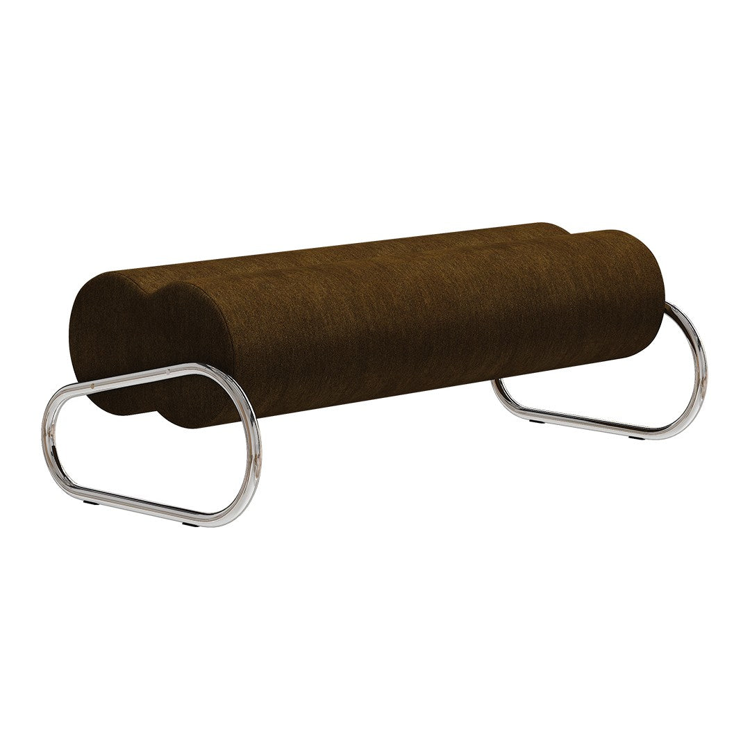 Brown upholstered bench with a smooth texture and sleek chrome legs, perfect for modern decor.